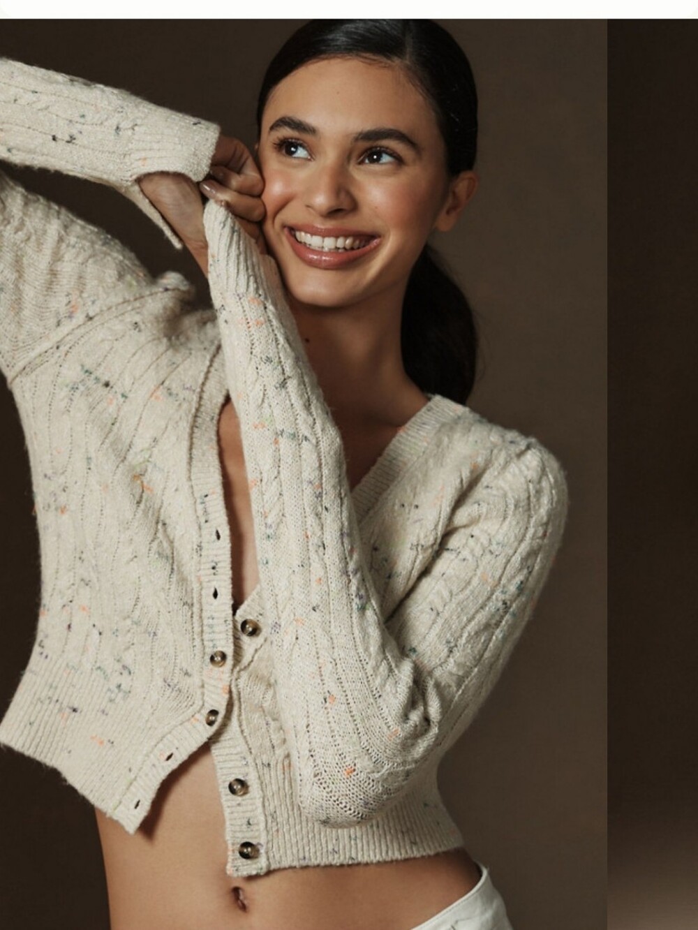 Pilcro Anthropologie Micro Cream Speckled Cardigan Sweater Size Small - Picture 3 of 11